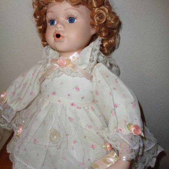 Blowing Bubbles Porcelain Doll with Wand & Bubbles and Seat To Sit On 15 Inch - Picture 7 of 10